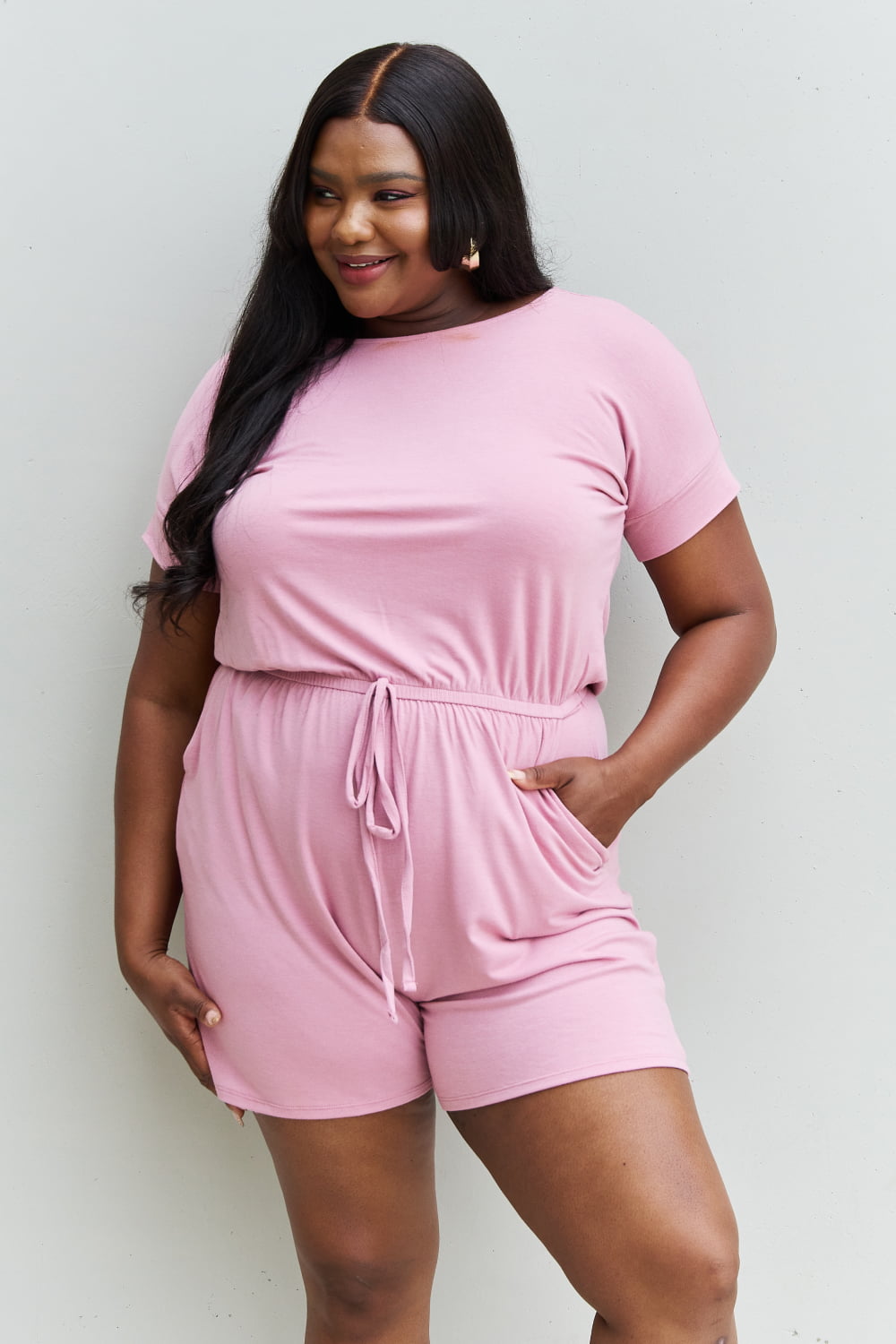 Pink Zenana Chilled Out Full Size Short Sleeve Romper In Light Carnation Pink