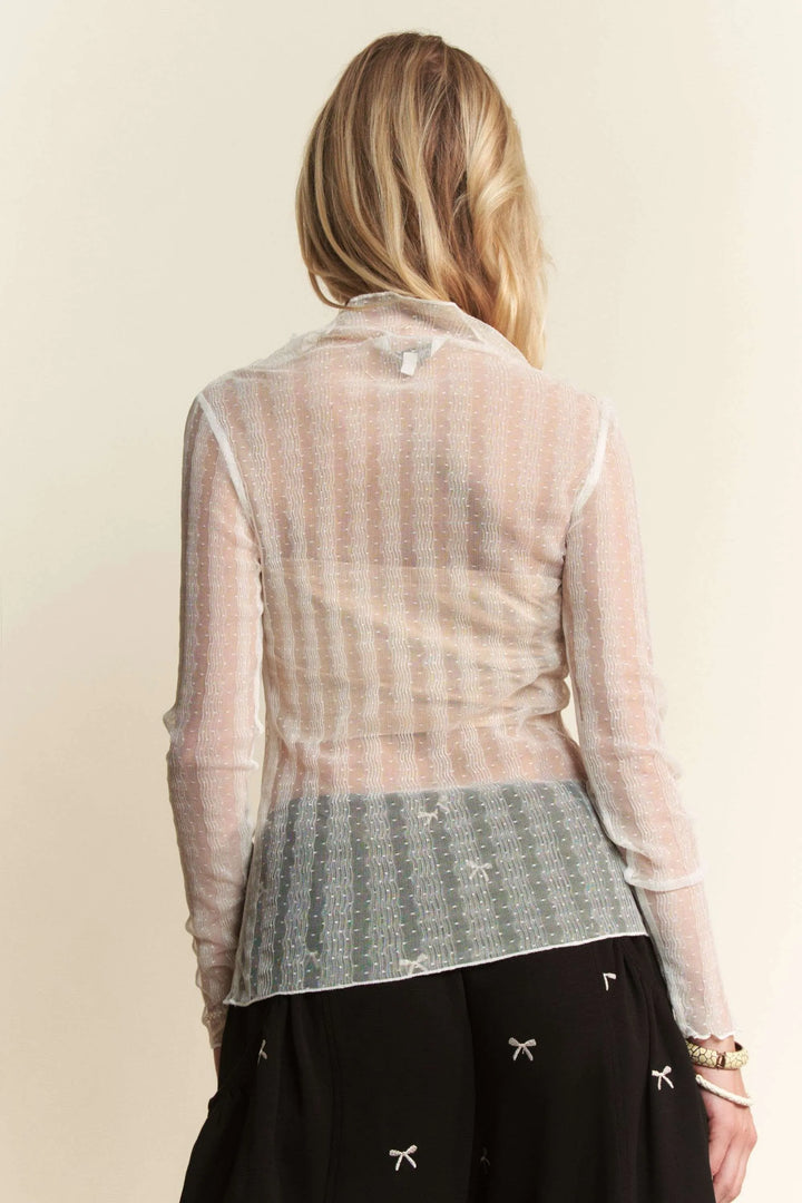 Davi Dani Turtle Neck Lace Dotted Stretch Mesh Sheer Top