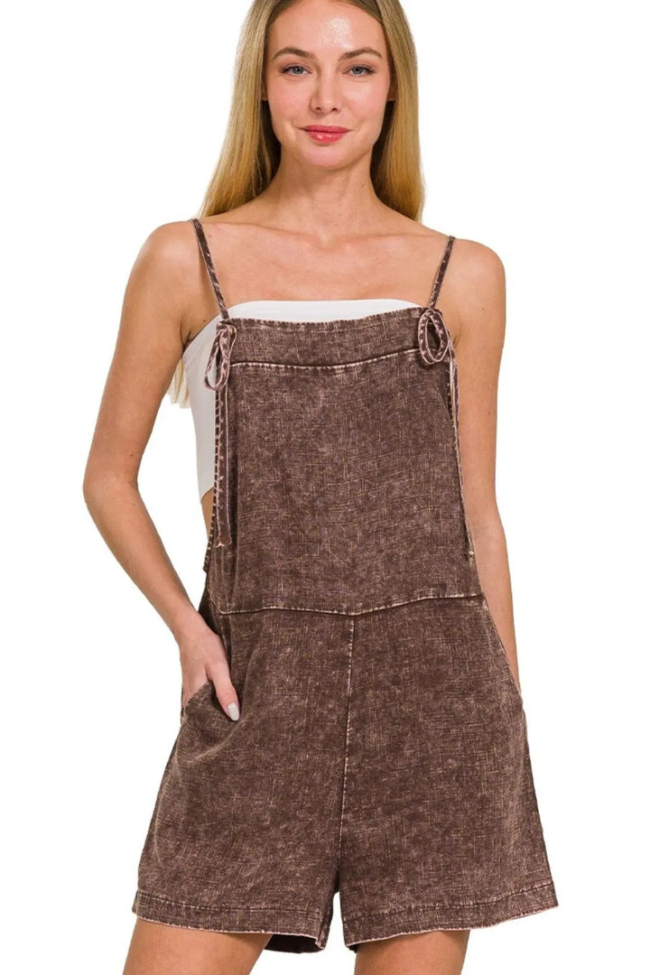 Brown Zenana Washed Linen Knot Strap Rompers 3