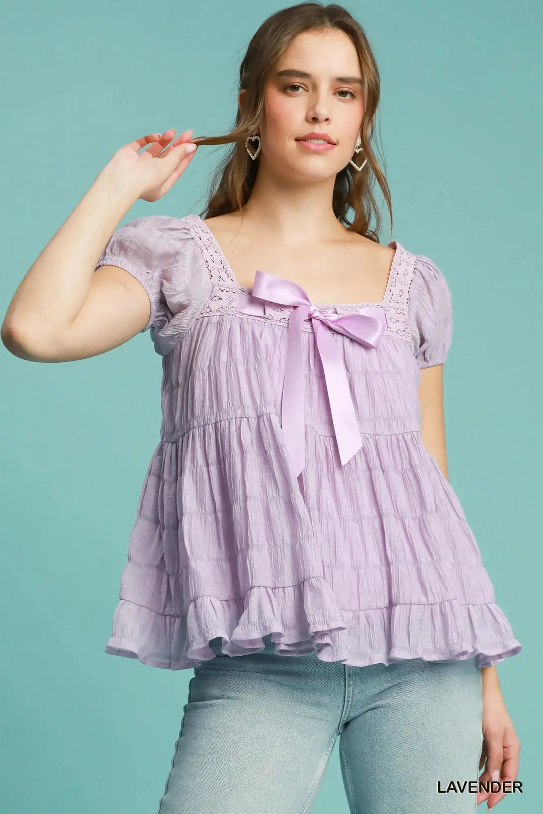 Lavender Umgee Textured Square Neck Bow Tie Blouse With Ruffle Hem