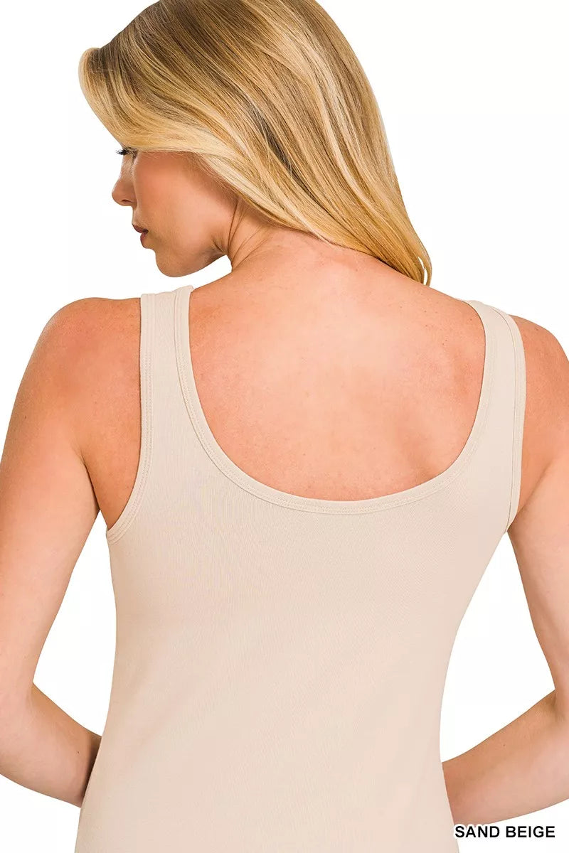 Sand Beige Zenana Double Scoop American Flag Embroidered Tank Top