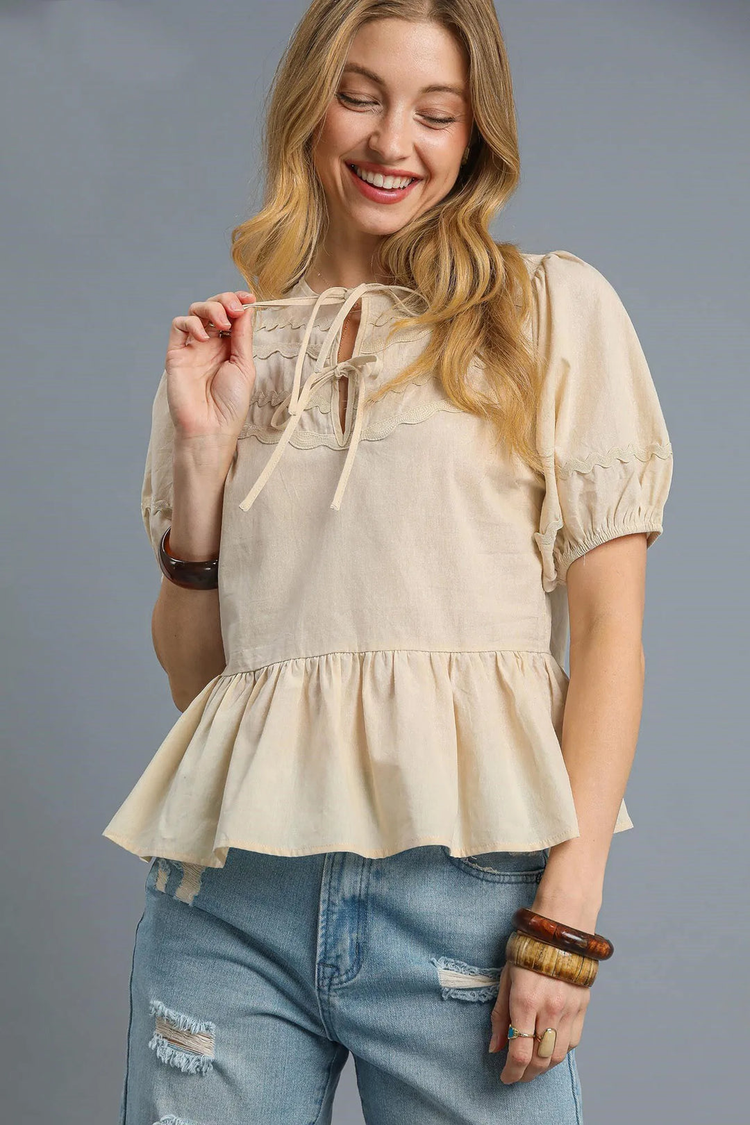 Cream Umgee Tie Front Puff Sleeve Blouse 1