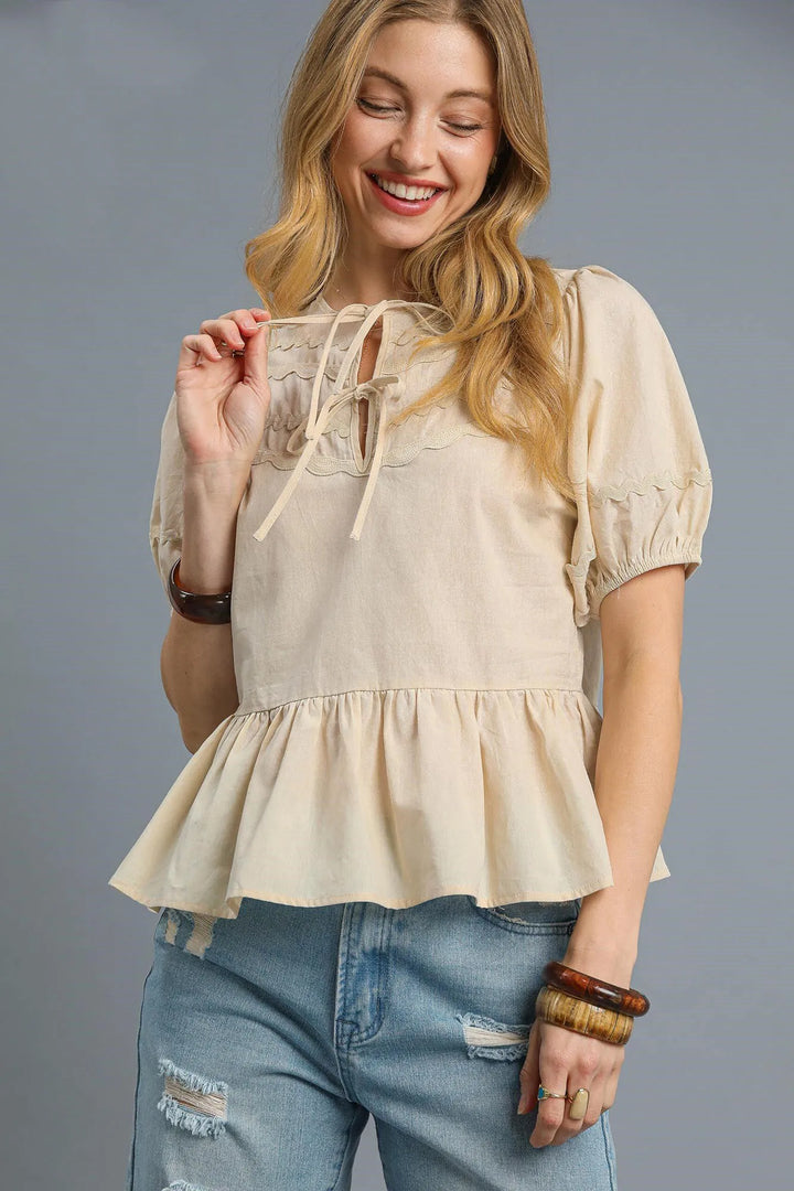 Cream Umgee Tie Front Puff Sleeve Blouse 1