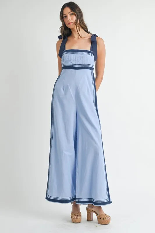 Periwinkle Mable Linen Mix Chevron Sail Shoulder Strap Jumpsuit