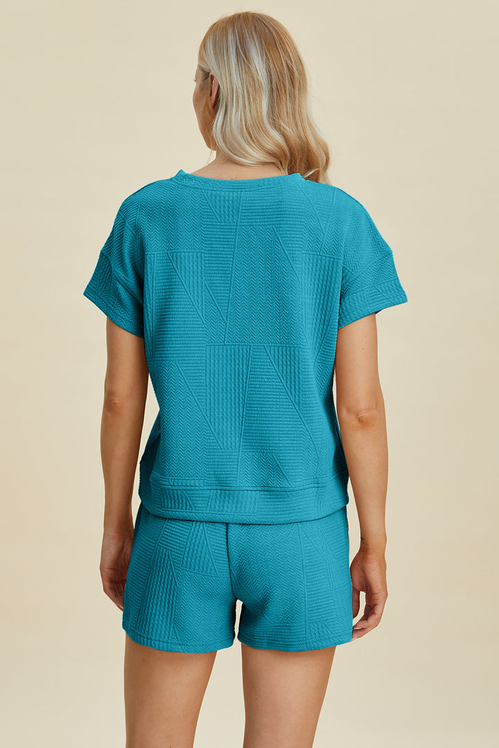 Double Take Full Size Texture Short Sleeve Top And Shorts Set