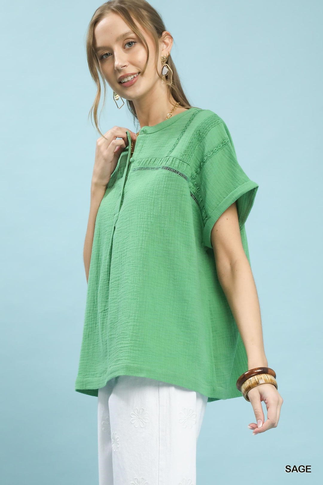 Sage Umgee Textured Gauze Split Neck Boho Blouse 1