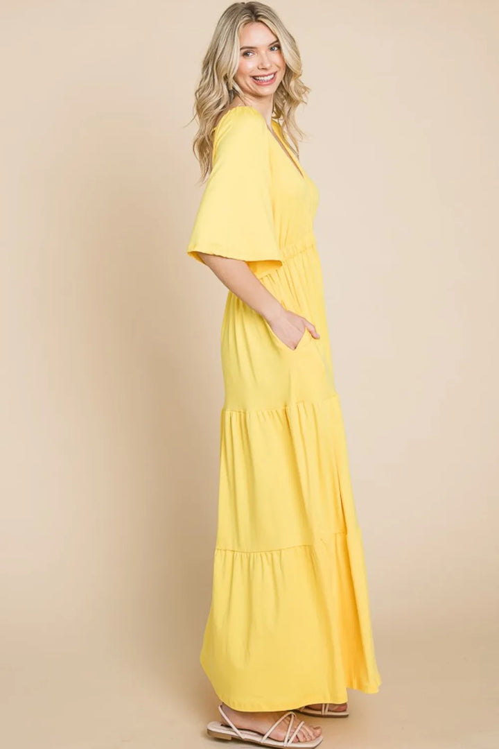 Lemonade Culture Code Backless Plunge Half Sleeve Tiered Dress