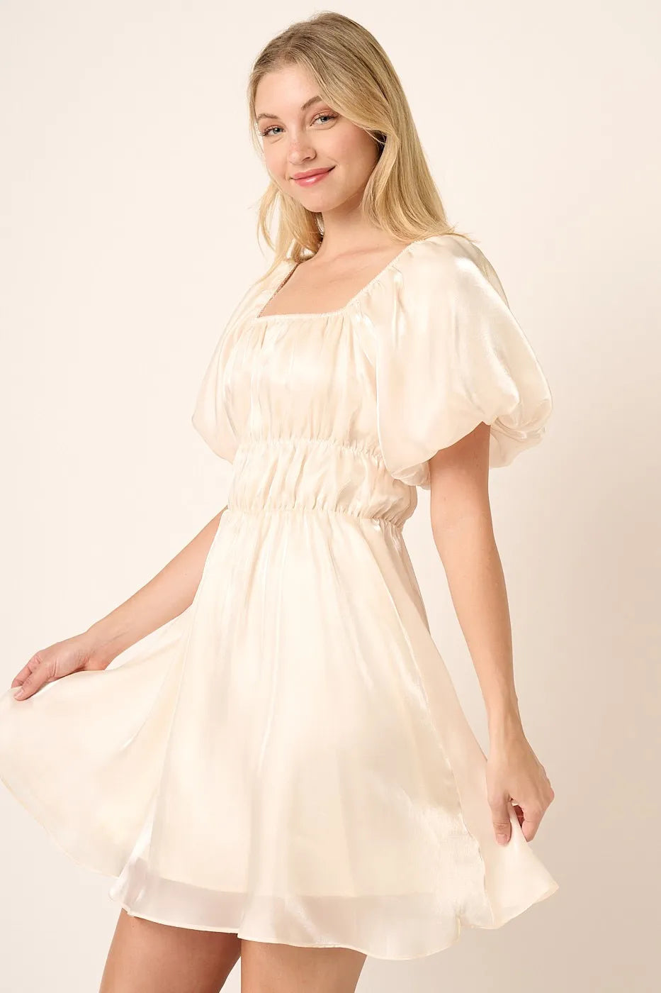 Cream Mittoshop Metallic Organza Fabric Balloon Sleeve Mini Dress