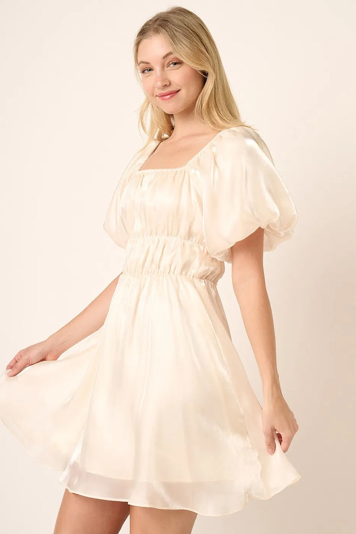 Cream Mittoshop Metallic Organza Fabric Balloon Sleeve Mini Dress