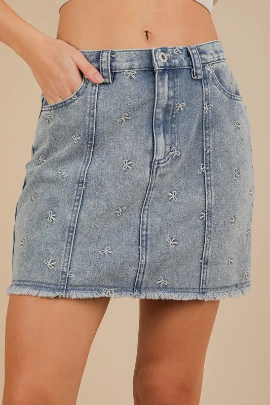 Indigo Very J Bow Printed Casual Denim Mini Skirt