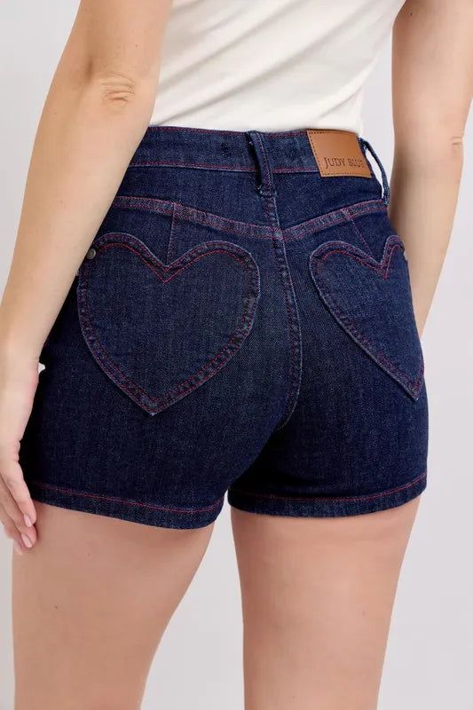 Judy Blue High Waist Heart Shaped Pkts Red Contrast Thread Denim Shorts