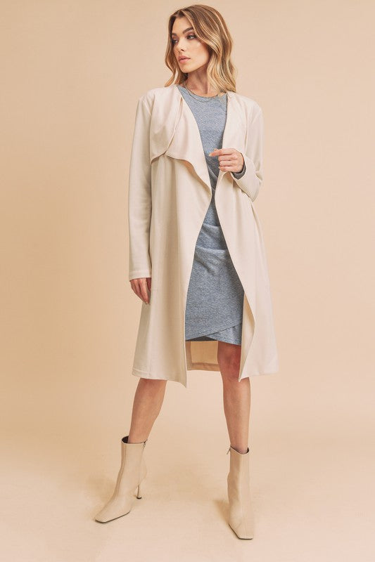 Ivory Aemi Co Open Front Long Sleeve Longline Coat