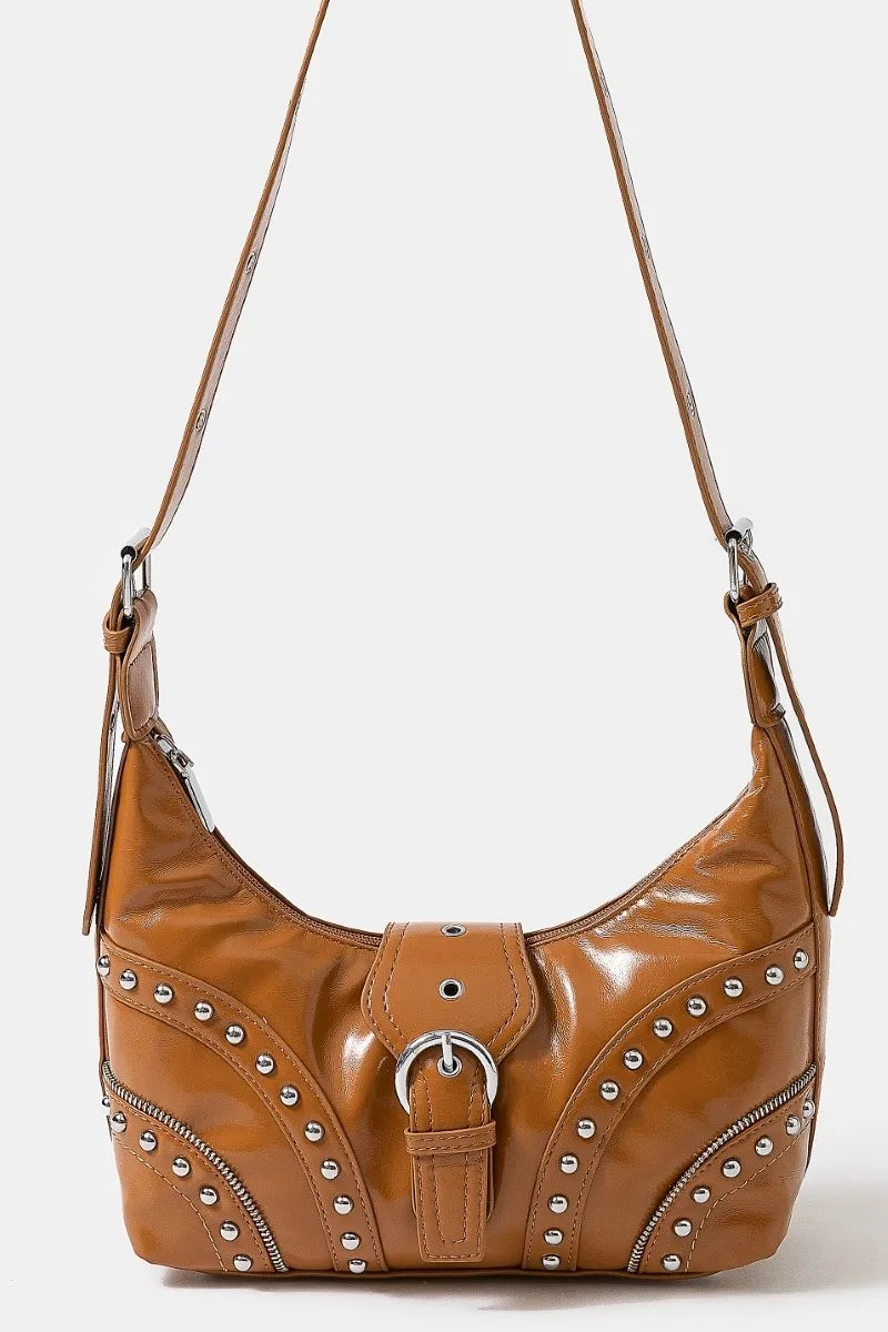 Fame Faux Leather Studded Trim Shoulder Bag 1