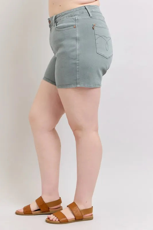 Judy Blue Full Size Hw Garment Dyed Back Pkt Embroidery Shorts Plus Size