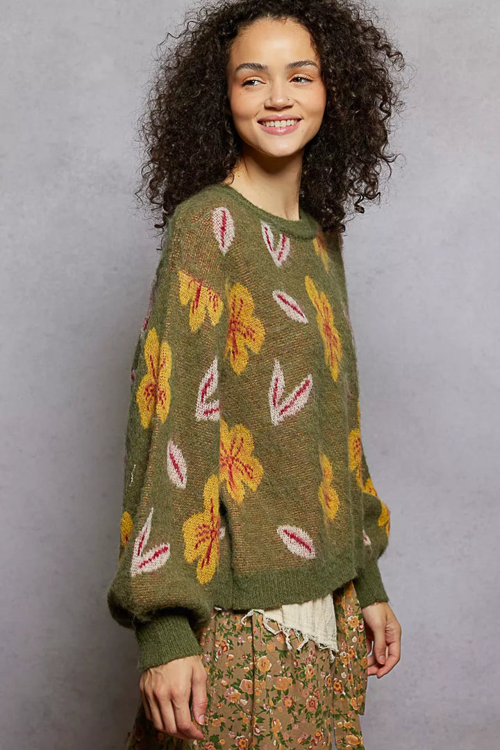 Olive Pol Floral Pattern Round Neck Balloon Sleeve Sweater