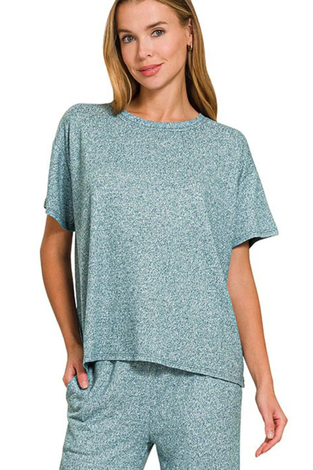 Teal Zenana Soft Melange Short Sleeve Tee Long Pants Set 4