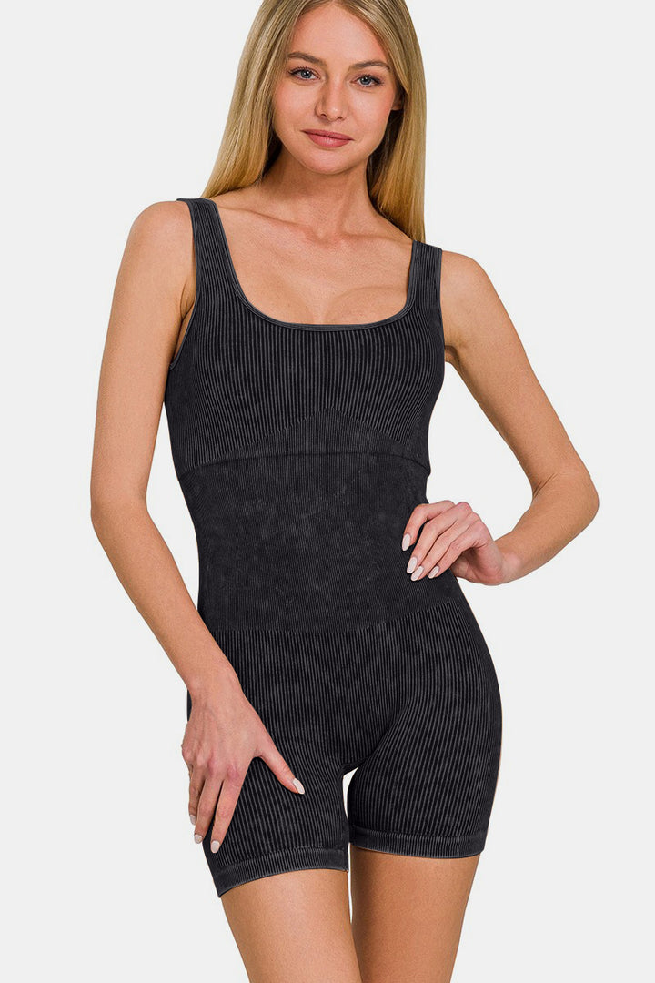 Zenana Washed Ribbed Romper With Pad