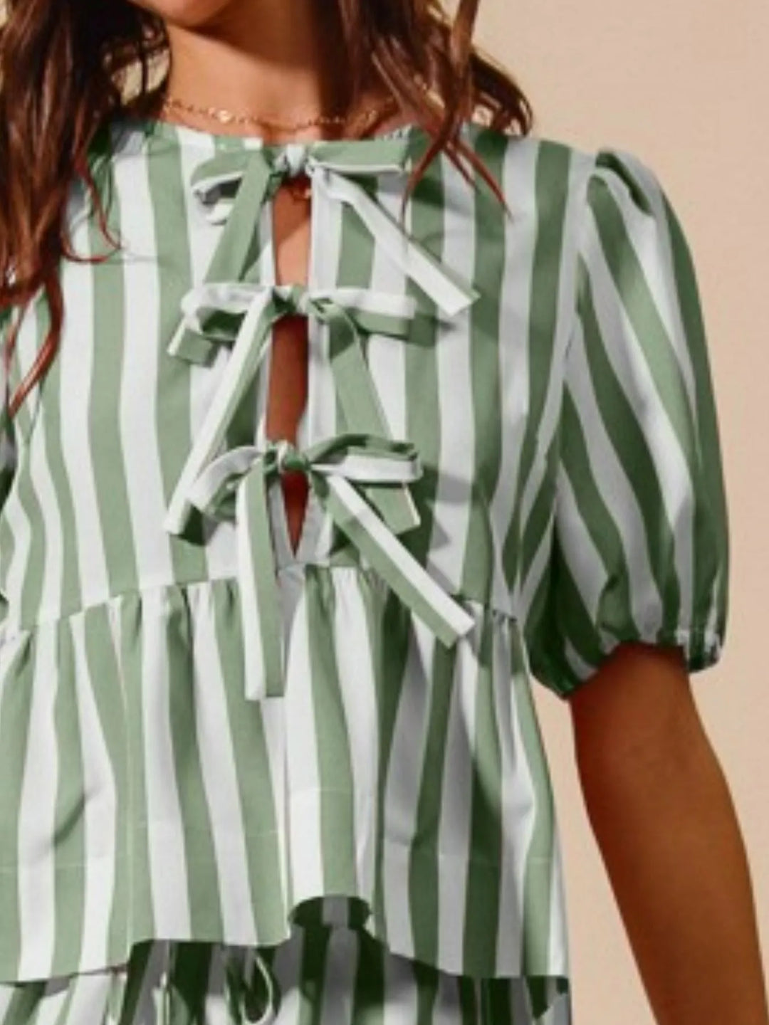 Sage So Me Front Tie Stripe Puff Sleeves Top And Wide Leg Pants Set
