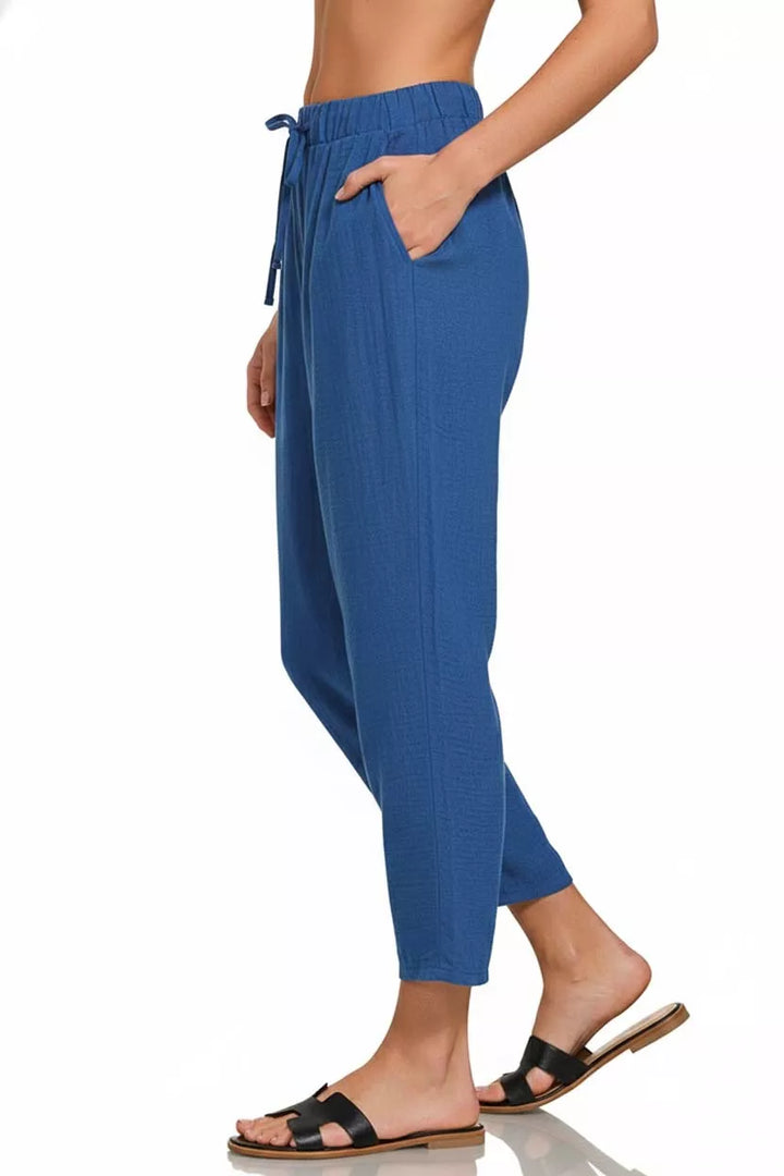 Lt Navy Zenana Woven Crepe Elastic Band Waist Pants 2