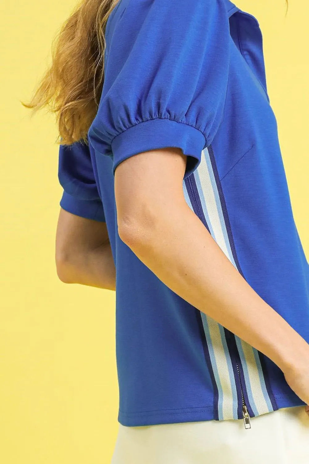 Royal Blue Umgee Side Zip Striped Puff Sleeve Polo