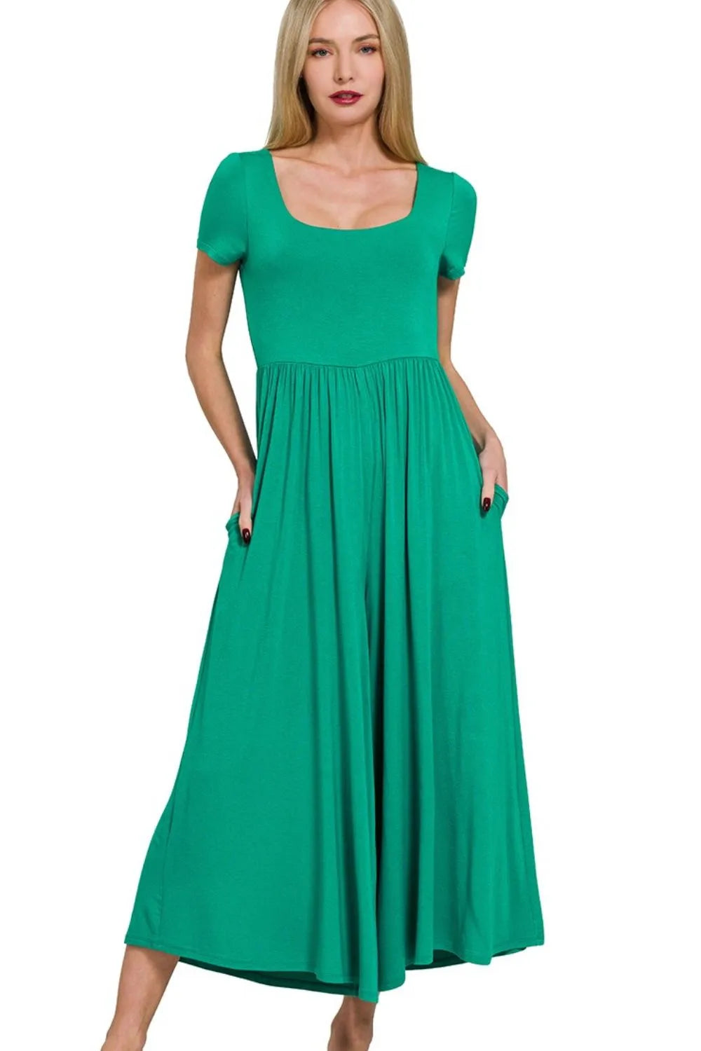 K Green Zenana Double Layered Short Sleeve Jumpsuits 1
