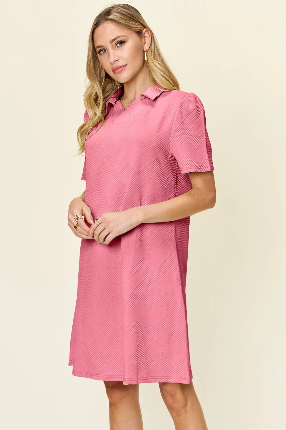 Tangerine Double Take Full Size Texture Collared Neck Short Sleeve Dress
