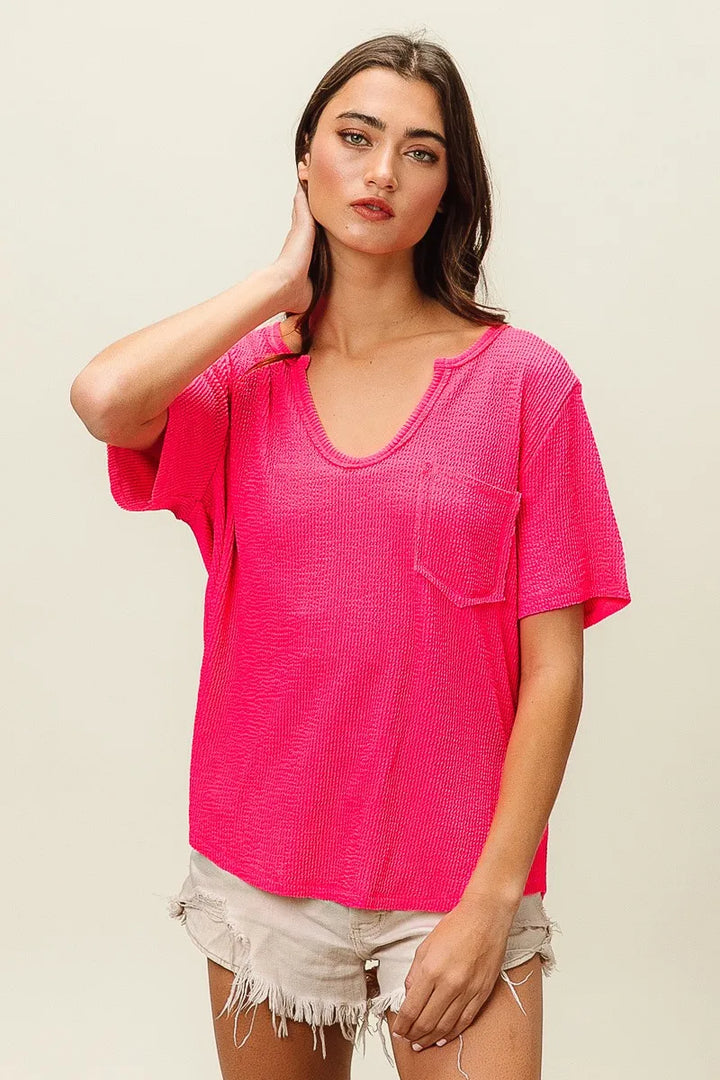Bibi Waved Rib U Neck Top With Front Pocket