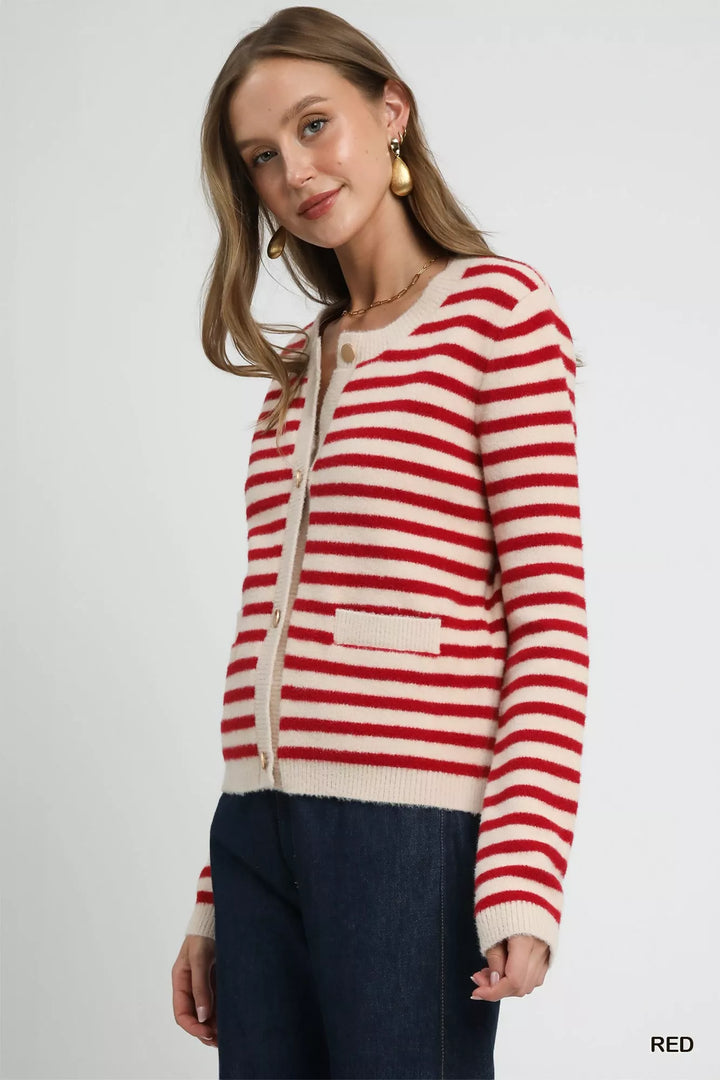 Red Umgee Striped Knit Button Up Cardigan
