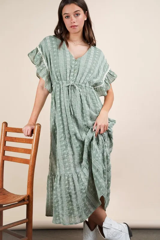 Sage Very J Embroidered Boho Ruffled Midi Dress 1