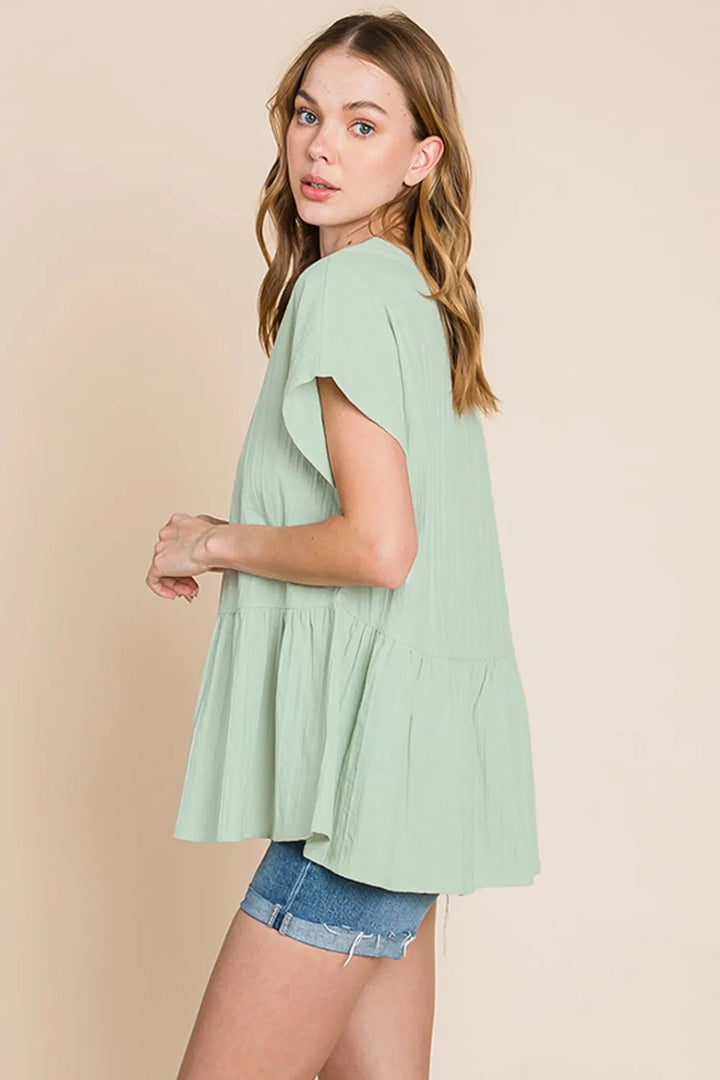Sage Cotton Bleu By Nu Lab Ruched Notched Short Sleeve Blouse