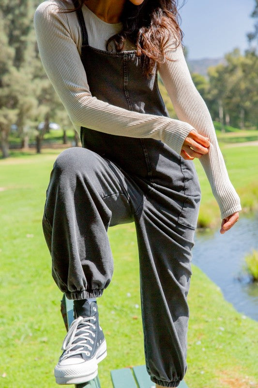 Black Mono B Drawstring Waist Spaghetti Strap Overalls With Pockets