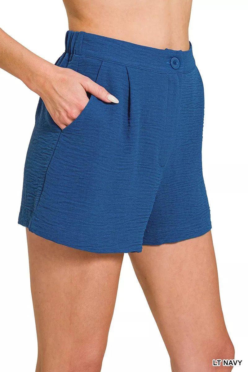 Lt Navy Zenana Woven Airflow Back Elastic Waist Shorts