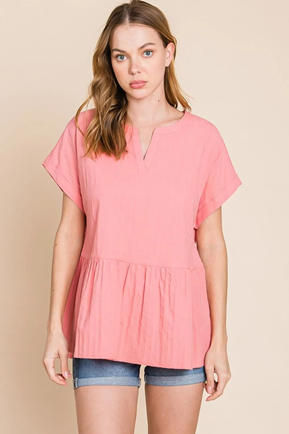 Coral Cotton Bleu By Nu Label Notched Short Sleeve Peplum Top