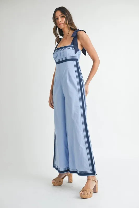 Periwinkle Mable Linen Mix Chevron Sail Shoulder Strap Jumpsuit