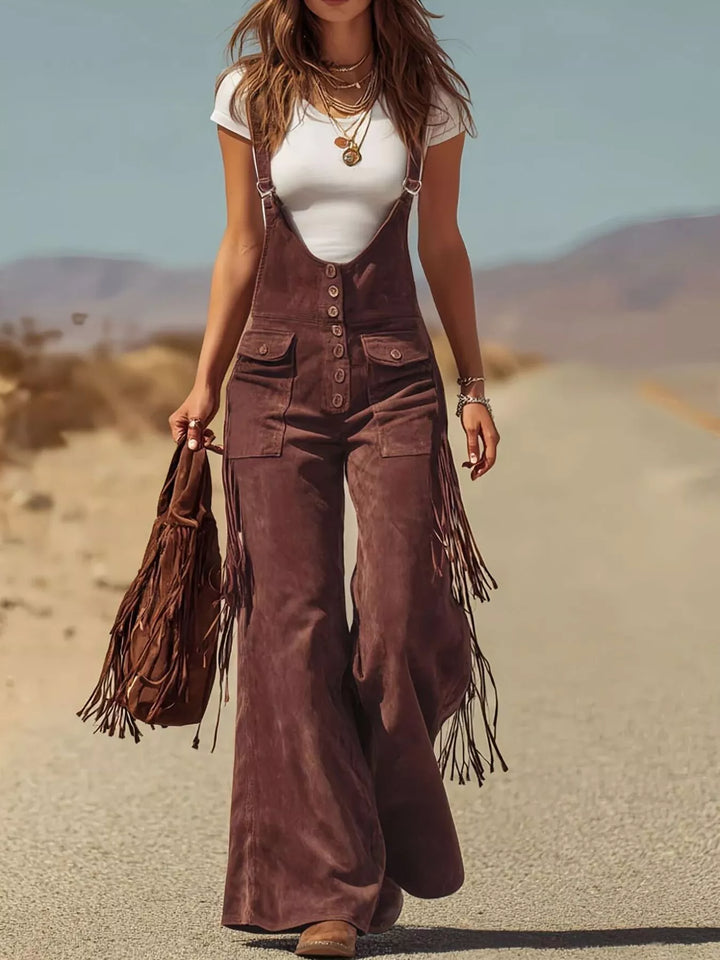 Deep Red Fringe Corduroy Button Front Overalls