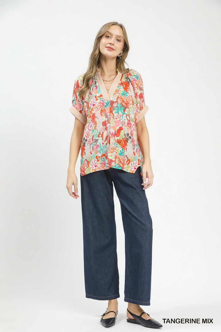 Umgee Mix Boho Printed V Neck Top