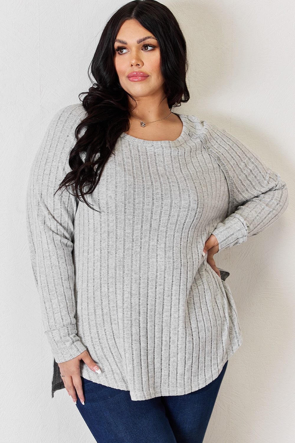 Sky Blue Basic Bae Full Size Ribbed Round Neck Slit T Shirt