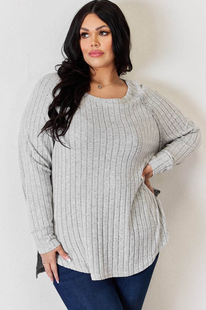 Sky Blue Basic Bae Full Size Ribbed Round Neck Slit T Shirt