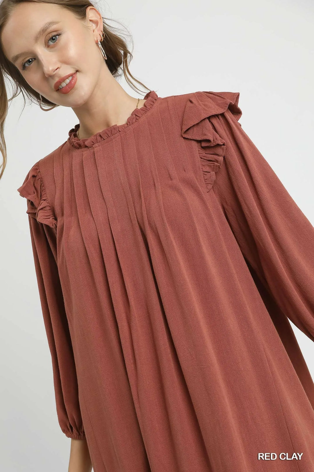 Umgee Linen Ruffle Shoulder Pleated Babydoll Dress 1