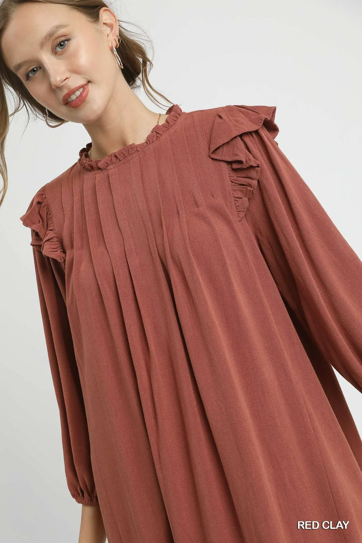 Umgee Linen Ruffle Shoulder Pleated Babydoll Dress 1