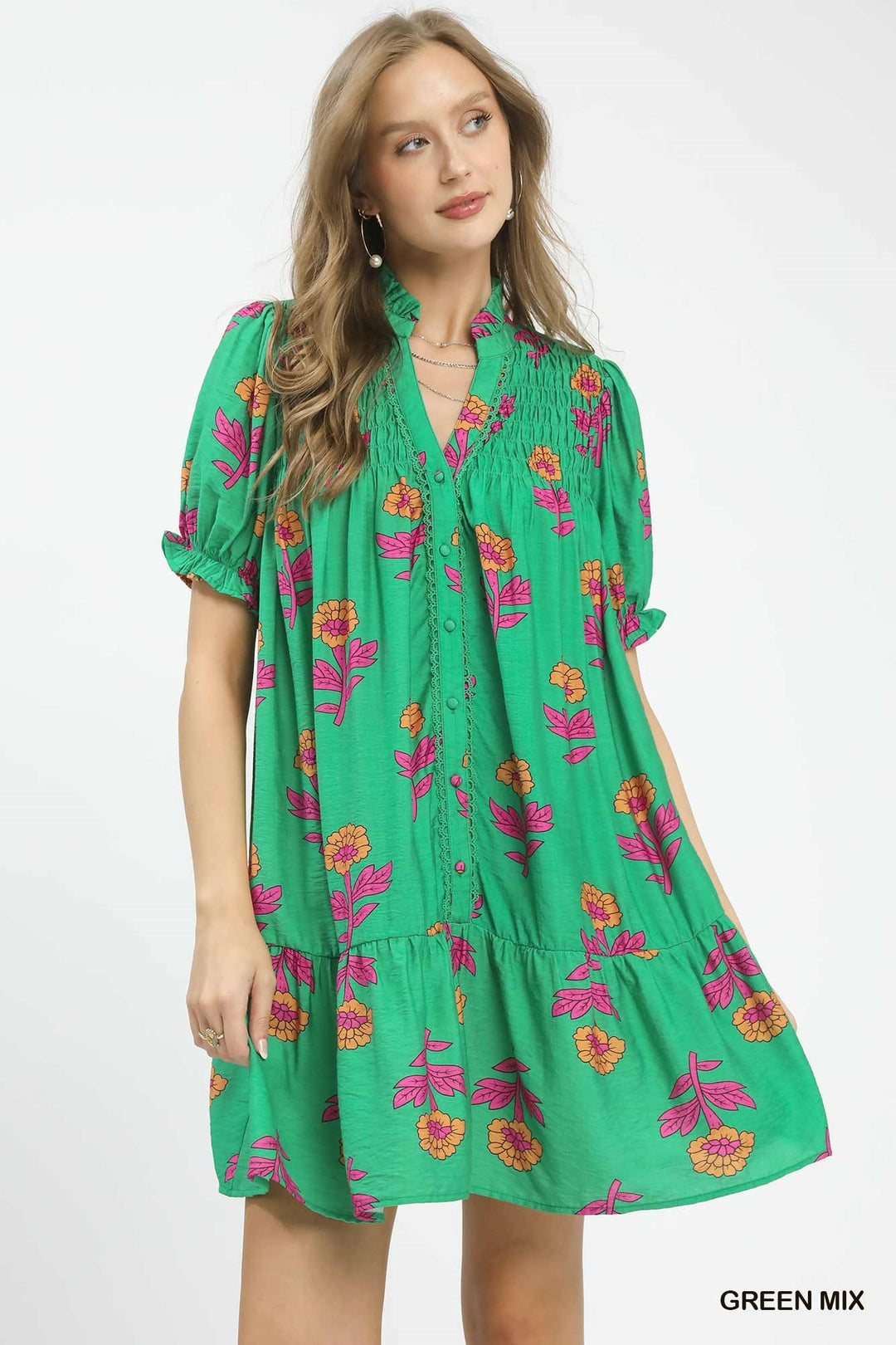 Green Mix Umgee Floral Print Babydoll Dress