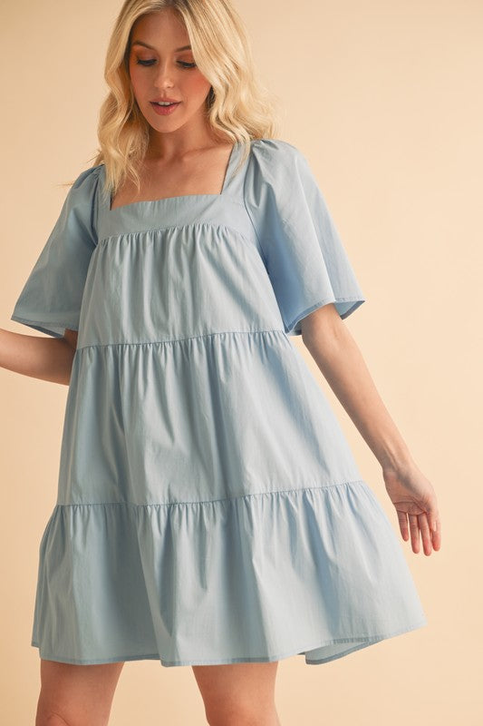 Light Blue Aemi Co Square Neck Half Sleeve Tiered Dress 1