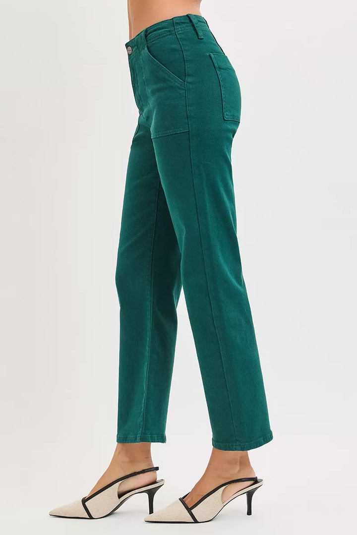 Hunter Green Risen High Rise Ankle Flare Patch Pocket Jeans
