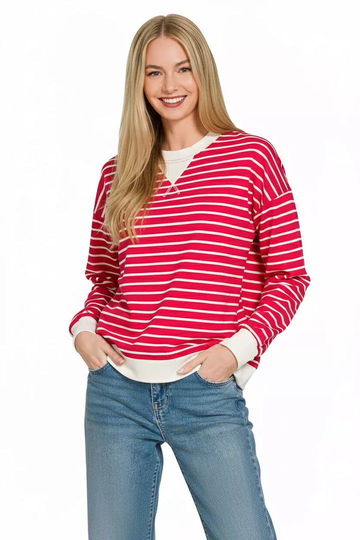 Ruby Zenana Contrast Striped Round Neck Sweatshirt 1