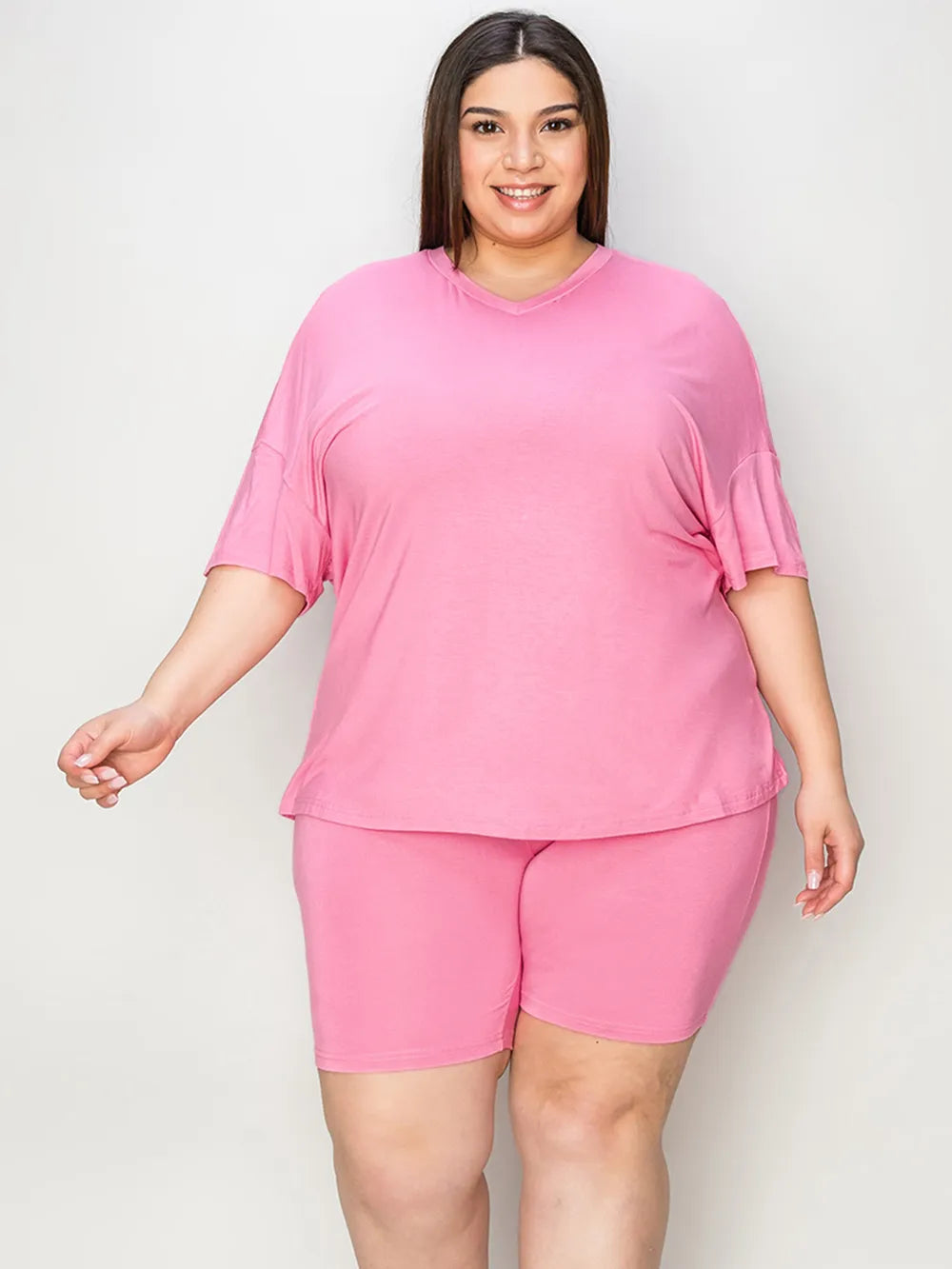 Pink Basic Bae Full Size V Neck Drop Shoulder T Shirt And Shorts Set