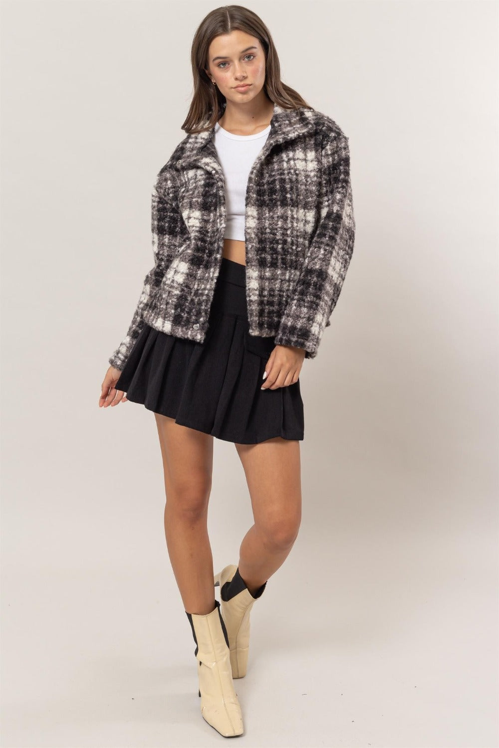 Hyfve Plaid Collared Neck Boucle Jacket With Pockets 1