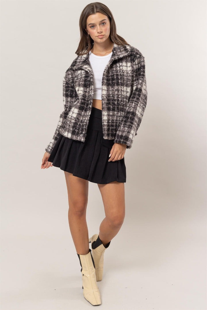 Hyfve Plaid Collared Neck Boucle Jacket With Pockets 1