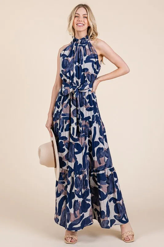 Lime N Chili Abstract Halter Neck Tie Waist Tiered Maxi Dress