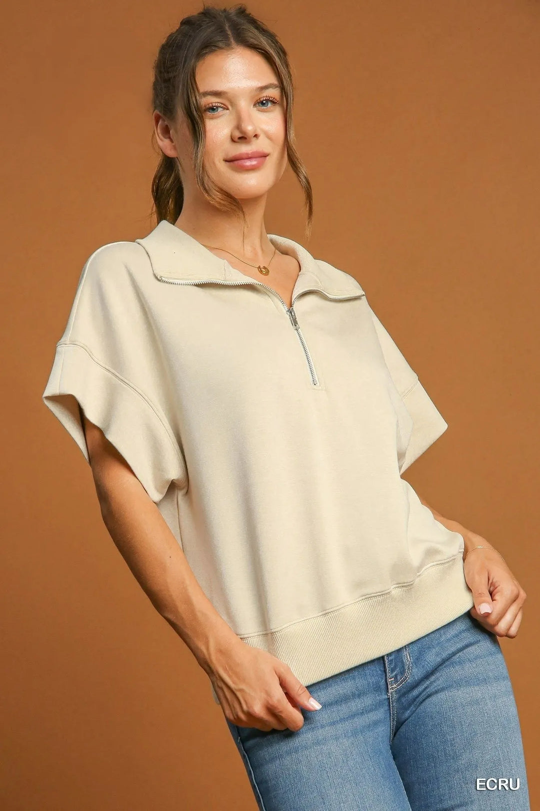 Ecru Umgee Full Size Half Zip Short Sleeve Top Plus Size 3