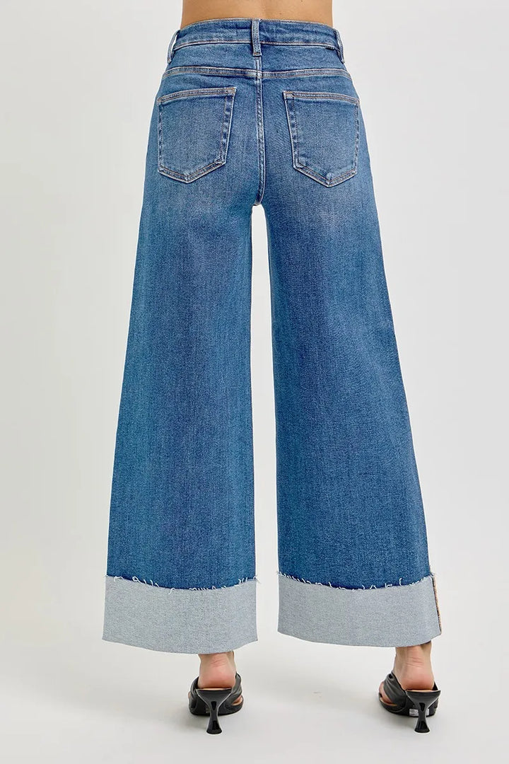 Medium Risen Full Size Tummy Control High Rise Crop Wide Cuffed Jeans Plus Size
